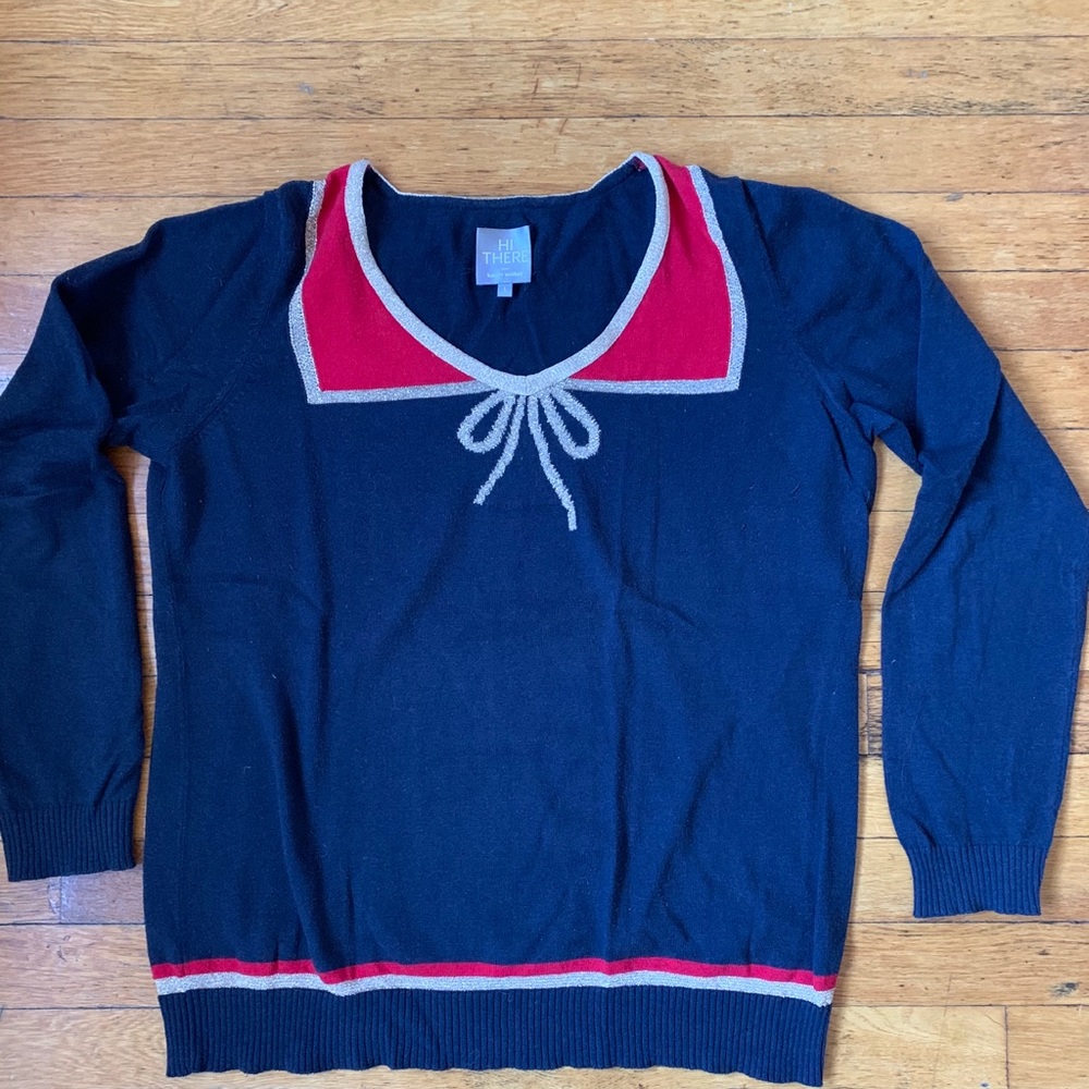 Anthropologie Navy Sweater with Red Collar & Gold Trim – Nautical Inspired